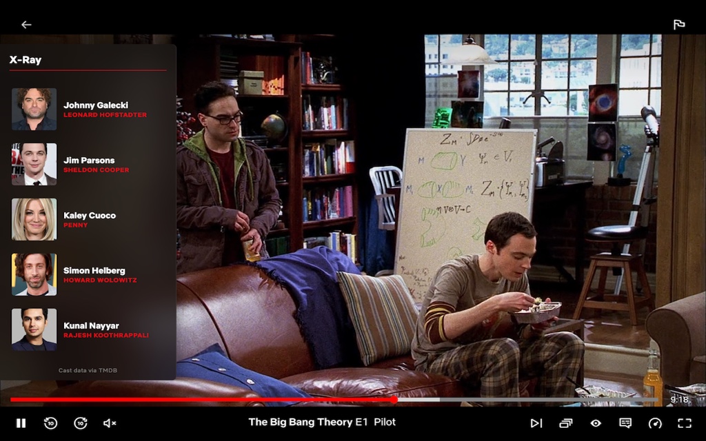 The Backlot panel listing Johnny Galecki, Jim Parsons, Kaley Cuoco, Simon Helberg, and Kunal Nayyar over a scene from The Big Bang Theory.