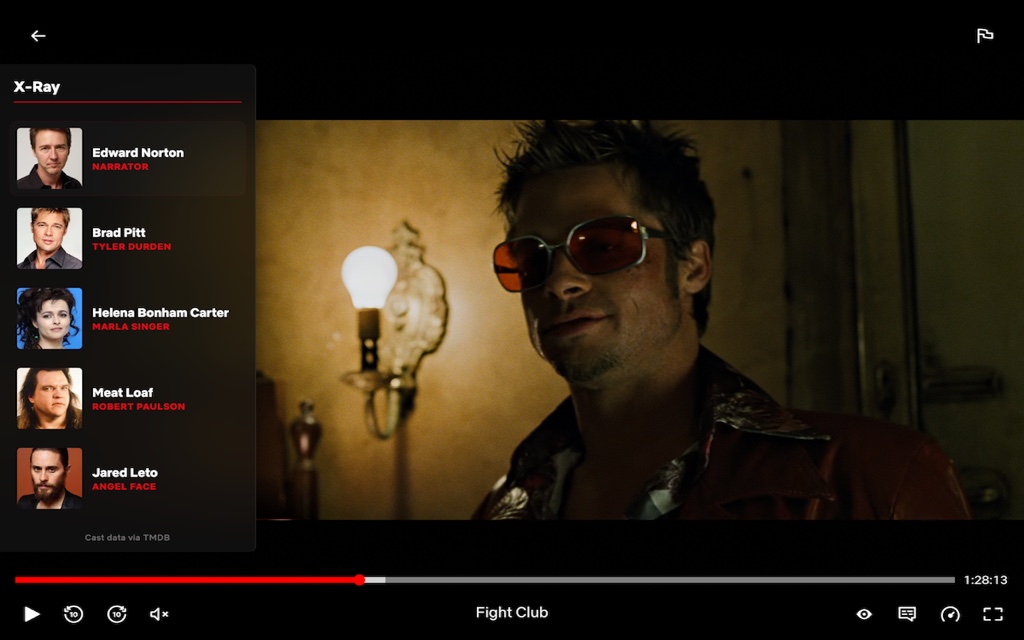 The Backlot panel showing the cast for Fight Club — Edward Norton as the Narrator, Brad Pitt as Tyler Durden, Helena Bonham Carter as Marla Singer, Meat Loaf as Robert Paulson, Jared Leto as Angel Face — over a scene of Brad Pitt as Tyler Durden in sunglasses.